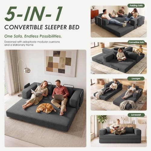 78" 5-in-1 Convertible Futon Sofa Bed, Boneless Couch for Living Room