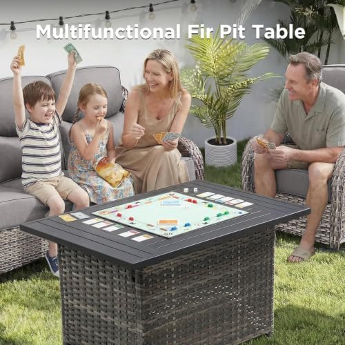 Luxury Patio Furniture Set with Fire Pit Table-4 Pieces High Back Wicker Swivel Rocker Chairs with 6" Extra Thick Cushions, Outdoor Patio Conversation Sets for Deck Garden(Grey/Grey)
