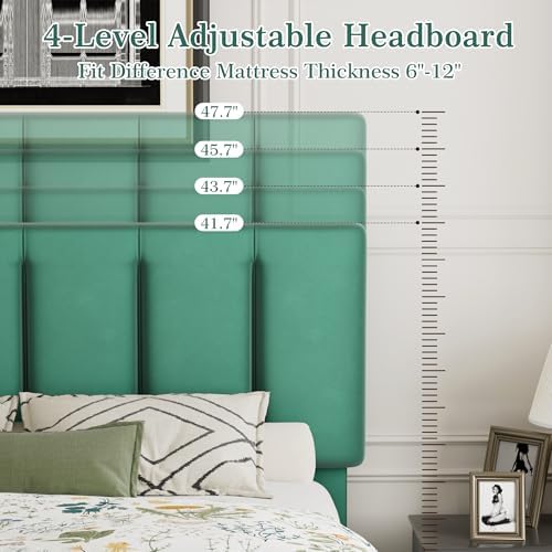 VECELO Queen Bed Frames, Upholstered Platform Bedframe, Adjustable Headboard, Wood Slat Support, No Box Spring Needed, Easy Assembly, Dark Green