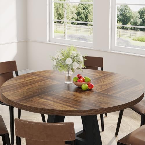 Tribesigns 47 inch Round Dining Table Wood Kitchen Table for Dining Room, 47" Dinner Room Tables for 4-6, Farmhouse Accent Furniture with Wooden Tabletop and Cross Base, Rustic+Black
