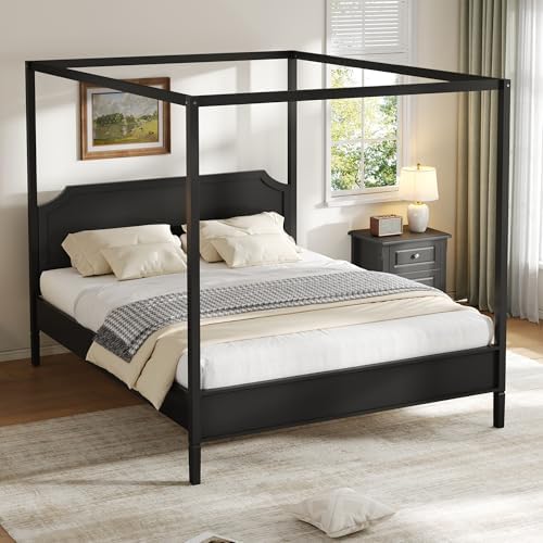 LUMISOL King Size Wood Canopy Platform Bed with Headboard, Vintage Four-Poster Platform Beds with Slat Support and Under-Bed Storage Space, 4 Corner Canopy Bed Post Frame, Black