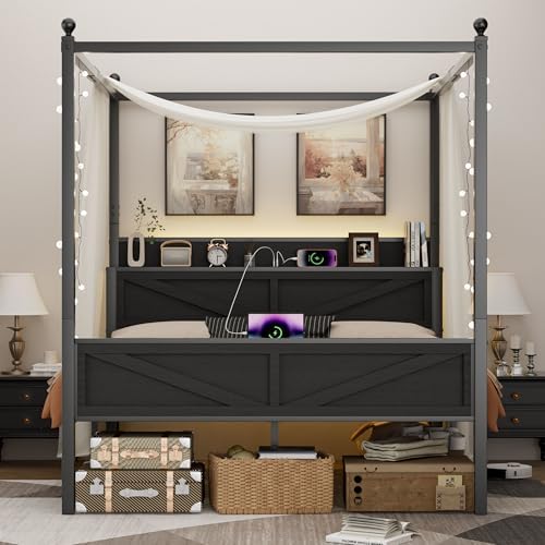 Canopy Bed Frame Full Size with Storage Headboard, Black