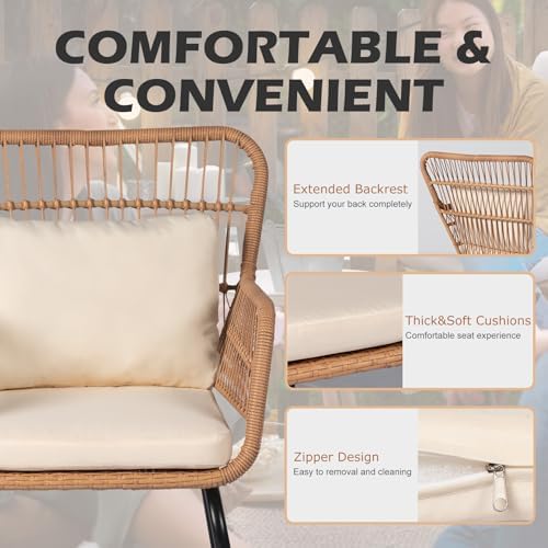 3 Piece Outdoor Wicker Furniture Bistro Set, Rattan Chairs Conversation Sets Wicker Patio Furniture for Balcony Poolside Backyard, Yellow/Beige