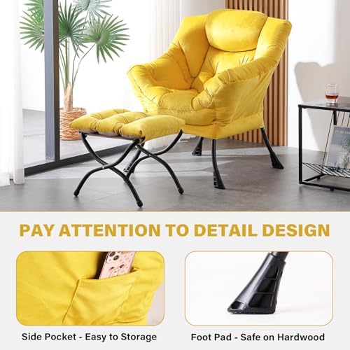 Tiita Lazy Chair with Ottoman, Comfy Reading Accent Chair, Velvet Yellow