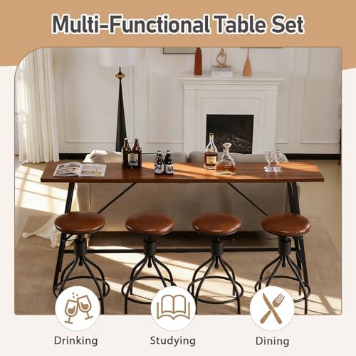 Karl home 83.8" Bar Table and Chairs Set, 4 Adjustable PU Stools, Brown