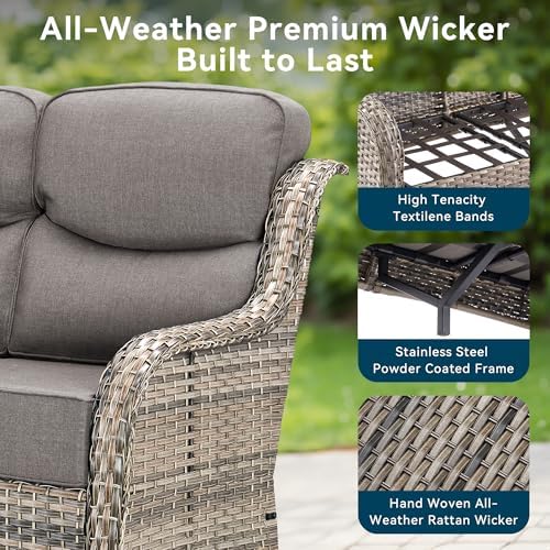Luxury Outdoor Patio Furniture Set-Wicker High Backrest 3-Seat Patio Sofa with Comfy 6" Cushion, Rattan Couch with Deep Seat All-Weather Patio Conversation Set for Deck Backyard Garden(Grey/Grey)