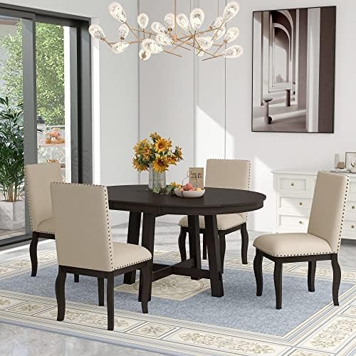 LUMISOL Round Dining Table Set for 4, Farmhouse Kitchen Table Set with Round Extendable Dining Table and 4 Upholstered Dining Chairs, Espresso