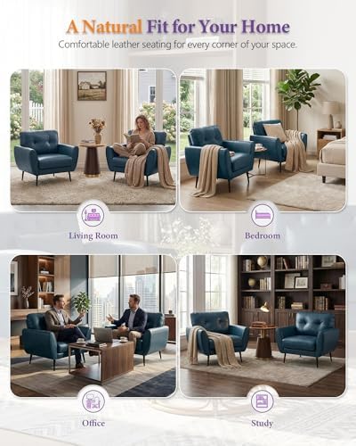 Blue Leather Accent Chair, Tufted Reading Armchair for Living Room Office
