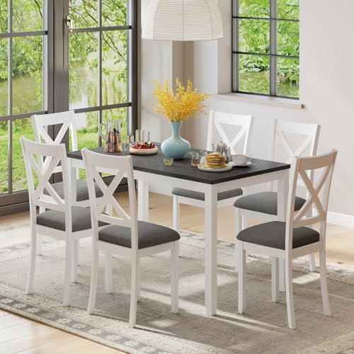Zevemomo 7-Piece Solid Wood Dining Table Set, Farmhouse Wooden Legs, White