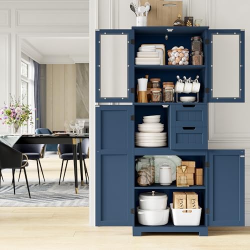 BOTLOG 67'' Tall Bathroom Storage Cabinet, Linen Cabinet with Glass Doors and Adjustable Shelves, Kitchen Pantry with 2 Drawers for Bathroom, Living Room, Dining Room, Blue | 2 Drawers, Linen Bathroom Cabinet with Glass Doors and Shelves for Living Roo...