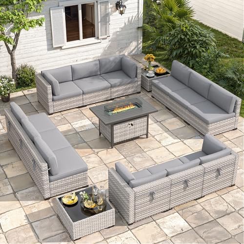12-Seat Modern Outdoor Wicker Rattan Patio Furniture Set with 55,000 BTU Fire Pit Table, Thick 4″ Cushions, All-Weather Dual-Strand Rattan, Rust-Resistant Steel Frame,Gray