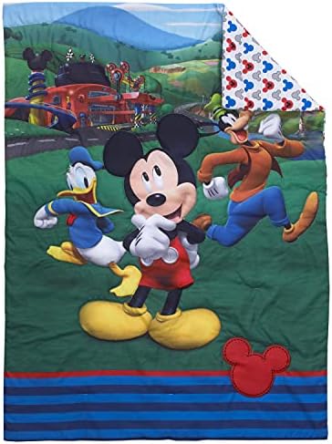 Disney Mickey's Big Adventure Blue, Red, Yellow & Green 4Piece Toddler Bed Set - Comforter, Fitted Bottom Sheet, Flat Top Sheet, Reversible Pillowcase, Blue, Red, Yellow, Green