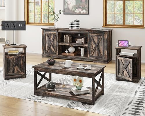 AMERLIFE 4 Piece Farmhouse Table Set with 66" TV Stand, Dark Oak