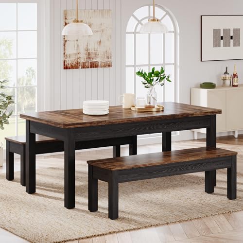 Tribesigns Farmhouse Kitchen Table Set for 4-6, 55-Inch Wooden Dining Table with 2 Benches, Space Saving 3 Pieces Heavy Duty Dinette for Dining Room, Kitchen, Small Space (Black-Brown)