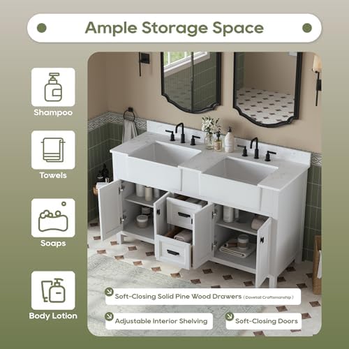 60 Inch Bathroom Vanity with Double Sink, White | Farmhouse Solid Wood Double Sink Bathroom Vanity with Soft Close Doors & Drawers, Apron Farm Sink, 0.78" Stone Top