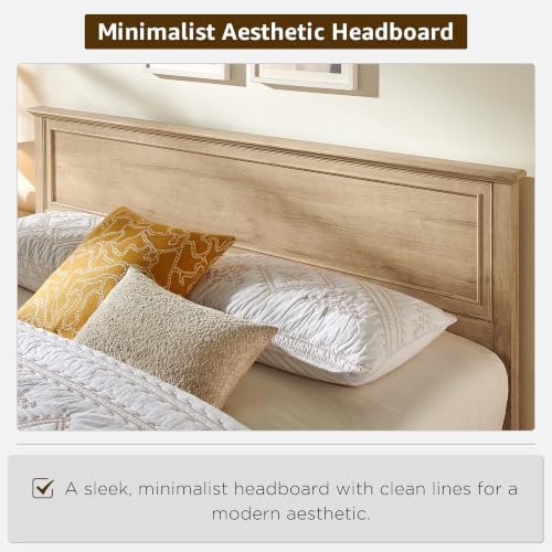 T4TREAM Farmhouse Queen Bed with Headboard and Storage Bench (Natural Oak)