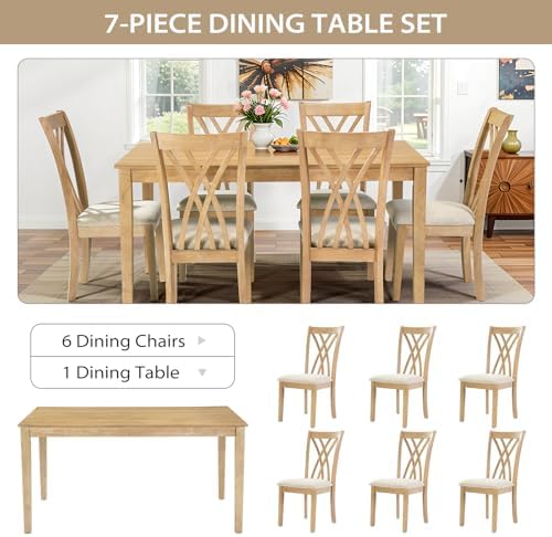 Zevemomo 7-Piece Wood Dining Table Set with 6 Chairs, Natural Wood Color