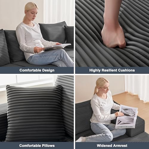 Mangodan 140” Cloud Sectional Couch, Boneless Sofa for Living Room, Modular Sectional Sofa with Deep Seat, Comfy Fluffy U-Shaped Couch with Right-Facing Chaise, No Assembly Required, Grey