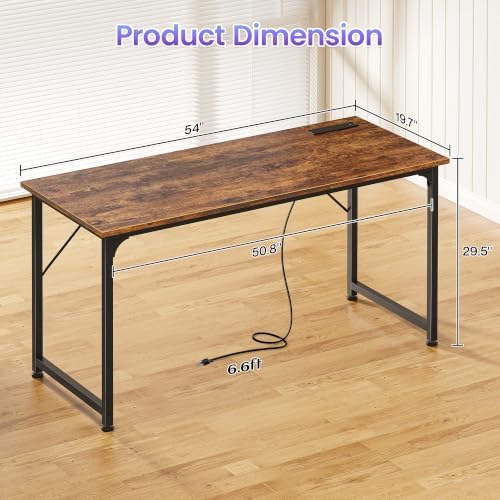 PRAISUN 55 X 20 Inch Computer Desk, Power Outlets, USB-C, Rustic Brown