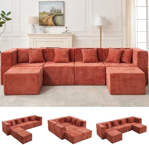 MONVANE Modular Sectional Cloud Couch for Living Room - 130'' 6 Seater Convertible Chenille Couches Set with Ottoman, No Assembly Compression Sofas, Comfy Floor Sofa with Memory Foam, Rust Red