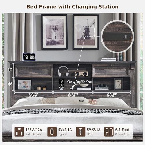 King Size Bed Frame with 54" Tall Headboard with 4 Storage Rack, 2 Drawers