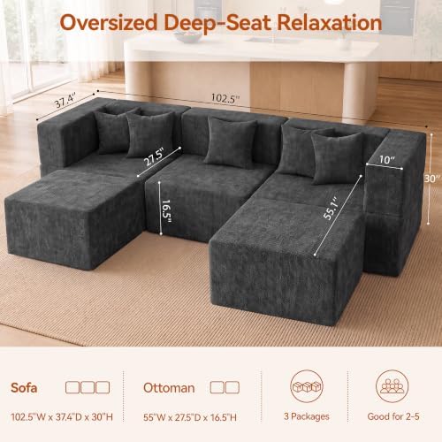 MONVANE 103" U-Shaped 5 Seat Modular Sectional Cloud Couch, Grey