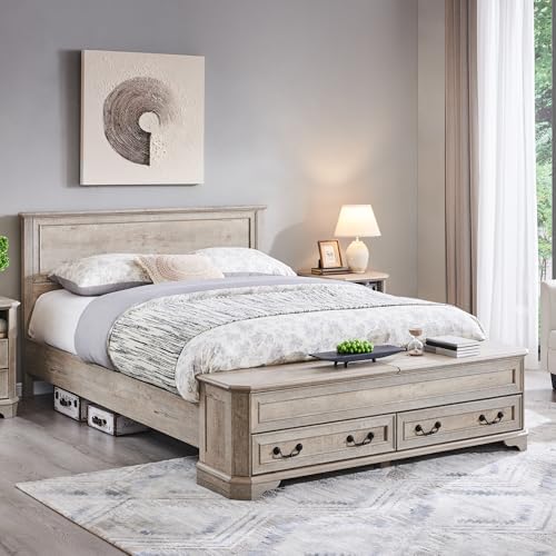 T4TREAM Farmhouse Queen Bed with Headboard and Storage Bench