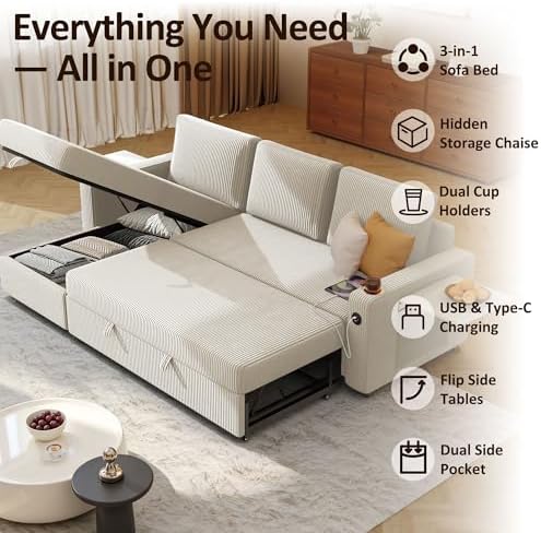 Ball & Cast 80" Sectional Sleeper Sofa Bed Pull Out Couches for Living Room