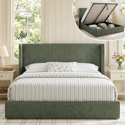 Full Lift Up Storage Bed, Corduroy Platform Bed with Headboard, Turtle