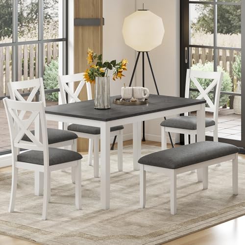 Zevemomo 6-Piece Solid Wood Dining Table Set, Wooden Legs Dinner Set, White