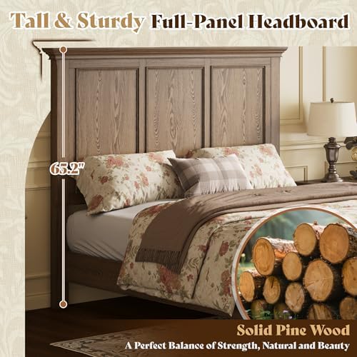 AMERLIFE Solid Wood King Bed Frame with 65.2" High Headboard