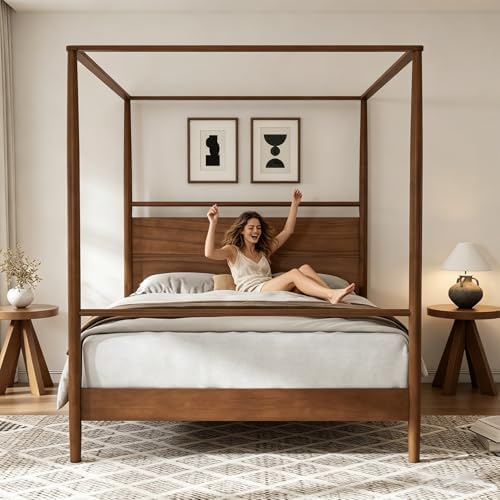 King Size Wood Canopy Bed Frame, Walnut Vintage Four-Posters Frames