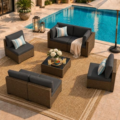 LOUVIXA 7 Piece Outdoor Patio Furniture Set, Outdoor Sectional Sofa, Wicker Rattan Patio Furniture, Patio Conversation Set with Coffee Table & Cushions