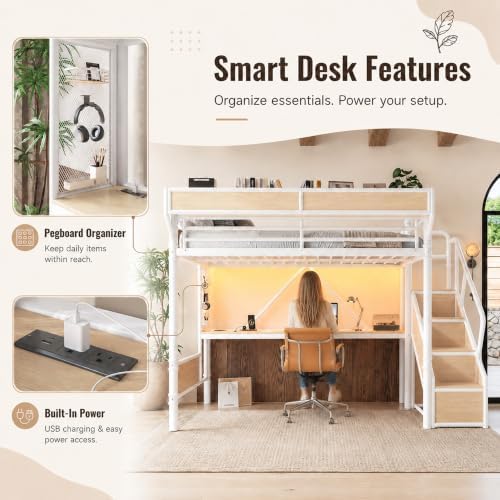 KEIKI Twin Size Metal Loft Bed Frame with Storage Staircase, Desk, White