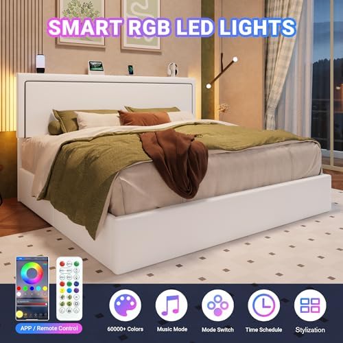Allewie King Lift Up Storage Bed Frame with Charging Station, White