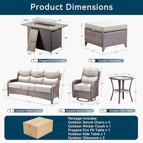 Patio Furniture Set with Fire Pit Table-10 Pieces All Weather Outdoor Swivel Rocker Chairs with Sofa and Ottomans. Outdoors Patio Conversation Sets for Porch Deck Garden Backyard(Brown/Beige)
