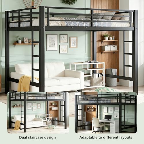 Bellemave Queen Size Loft Bed Frame with 2 Ladder, Sturdy Metal Construction & High Guardrail, Space-Saving Queen Loft Bed for Kids, No Box Spring Needed, Safe for Kids, Adults, Teens, Dorms, Black