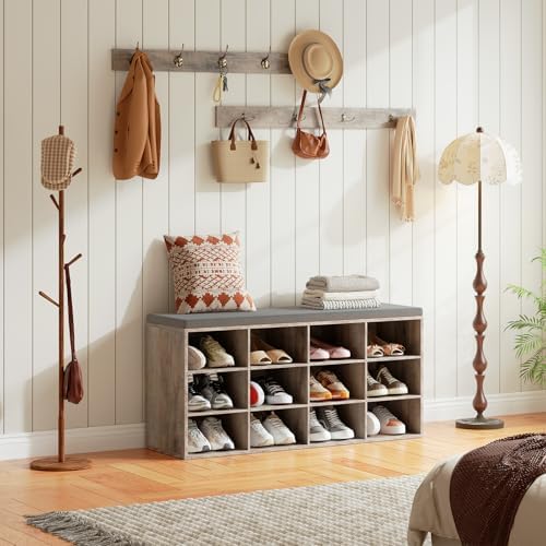 HOOBRO Shoe Storage Bench with Cushion, 39.4" L Entryway Bench with 12 Cubbies, Entryway Hall Tree with Storage, Shoe Cabinet with Coat Rack for Bedroom, Hallway, Holds up to 330 lb, Gray GY112HX01