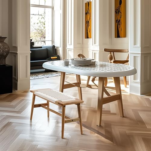 31.5'' Woven Dining Beach with 100% Solid Oak Wood Bench Frame, Hand Knitted Rope Designed Bed End Shoe Bench for Kitchen Bedroom Entryway, White