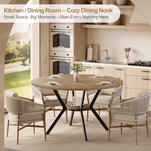 42" Round Dining Table for 2-4, Farmhouse Wooden Kitchen Table with Storage