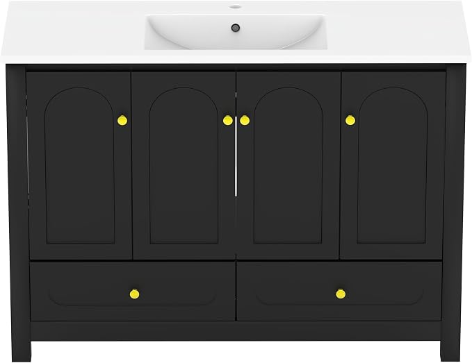 LUMISOL 48" Bathroom Vanity with Sink, Modern Single Bathroom Vanity with 4 Soft-Closing Doors & 2 Drawers, 48" Bathroom Storage Cabinet with Resin Basin, Black