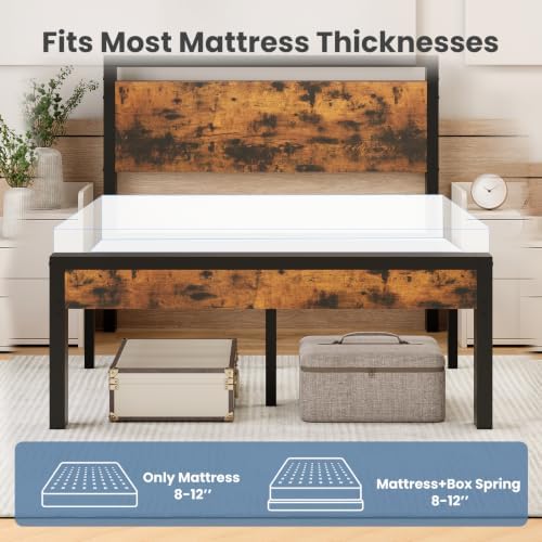 Sweetcrispy Full 14 Inch Platform Bed Frame with Headboard & Storage, Rust
