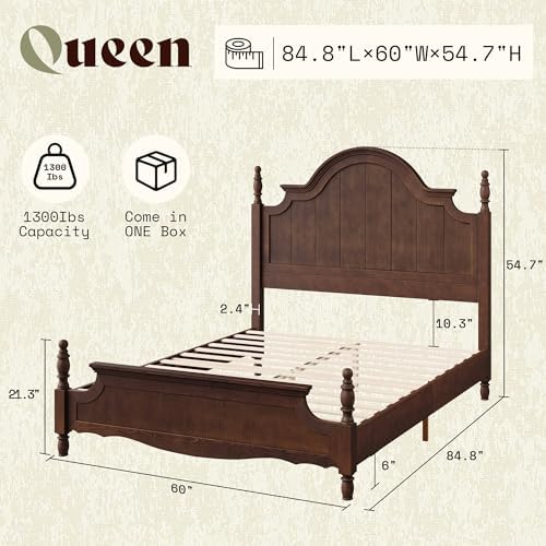 AMERLIFE Queen Solid Wood Poster Bed with Arched Headboard, Dark Walnut