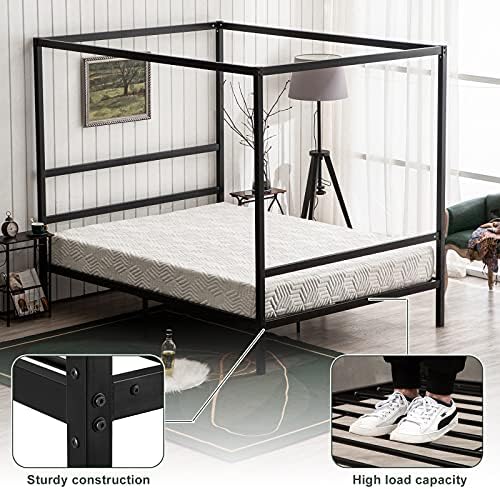 Bonnlo Black Canopy Bed Frame Full with Headboard, 10 Inch Metal Platform Bed Full with 4 Posters, No Box Spring Needed