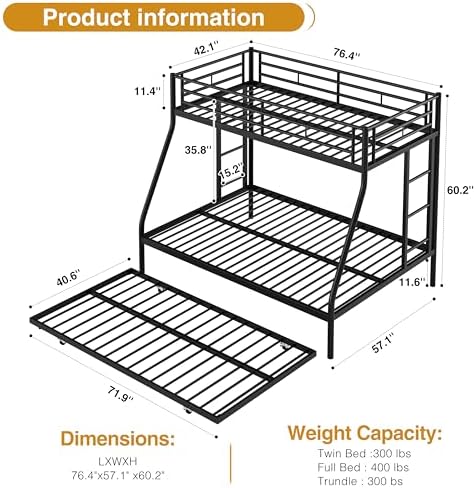 Nuturelly Twin Over Full Bunk Bed with Trundle, 400 lbs Capacity, Black
