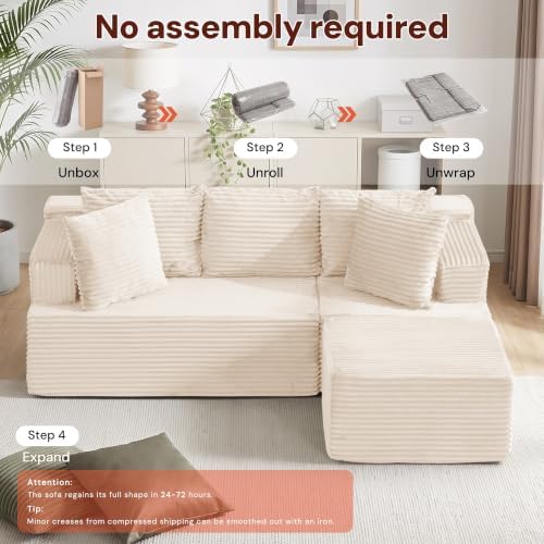 Korser Boneless Couches for Living Room, Cloud Couch Sectional with Ottoman, L-Shaped Sofa with Fluffy Comfy Corduroy Deep Seat, Bedroom, Apartment, No Assembly Required