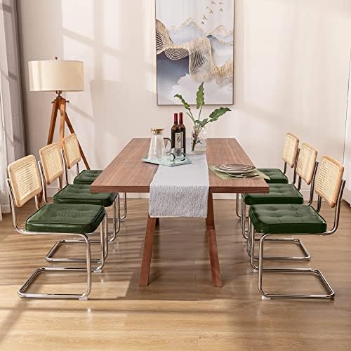 Zesthouse Natural Rattan Dining Chairs Set of 6, Mid Century Modern Dining Room Chairs with Chrome Leg, Faux Leather Kitchen Chair with Solid Wood Back & Cane Mesh, Breuer Cesca Design Inspired, Green