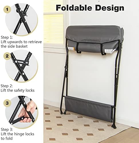 INFANS Baby Changing Table, Folding Diaper Station Portable Nursery Organizer with Safety Belt and Large Storage Racks for Newborn Baby and Infant (Grey)