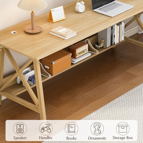 NELYE Extra Long Writing Desk with Bookshelf, 63" Wx24 Dx30 H, Oak