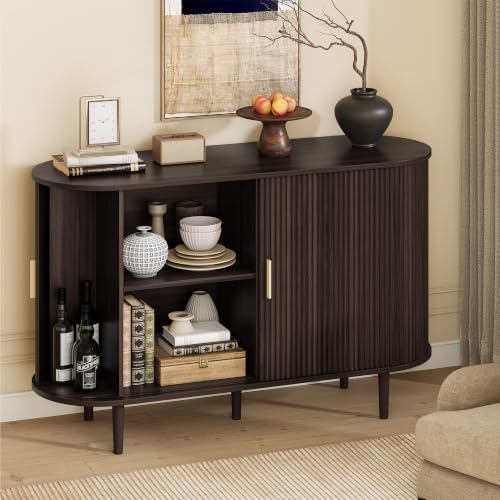 47.2" Sideboard Buffet Cabinet with Sliding Door,Fluted Cabinet with Storage & 2 Adjustable Shelfs,Mid Century Modern Coffee Bar Console Table for Kitchen, Living Room, Entryway，Dark Walnut